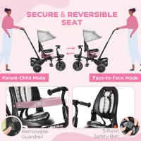 Qaba Kids Tricycle, 4 in 1 Foldable Trike with Reversible Seat, Adjustable Parent Handle, Safety Harness, Wheel Brakes, Removable Canopy, Storage, Tricycle for Toddlers 1-5 Years, Gray(m-5)