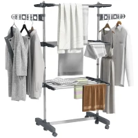 HOMCOM 3-Tier Foldable Clothes Drying Rack, Stainless Steel Laundry Rack with 2 Side Wings and 6 Castors, Collapsible Adjustable Clothes Airer for Indoor Outdoor, Grey(m-11)