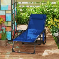 Outsunny Folding Outdoor Chaise Lounge Chair Tanning Chair with 5-Level Adjustable Back, Side Table, Pillow, Pocket, Dark Blue(m-9)