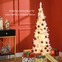 HOMCOM 5ft Pencil Christmas Tree, Slim Artificial Christmas Tree with Snow Flocked Branches and Warm White LED Lights, Pink(m-4)