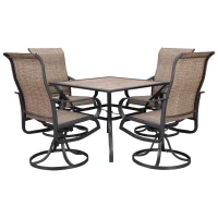 Outsunny 5 Piece Garden Patio Dining Furniture, Outdoor Conversation Set, 37" Dinner Table with Umbrella Hole, 4 Rocking Swivel Chairs for Garden, Lawn, Backyard, Coffee Bean Brown(m-11)