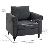 HOMCOM Vintage Armchair, Upholstered Accent Chair with Rolled Arms, Gourd-Shaped Rubber Wood Legs, Dark Grey(m-3)