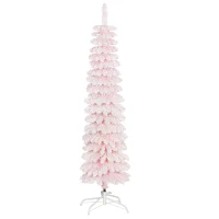 HOMCOM 5ft Snow-Flocked Artificial Christmas Tree, Slim Pencil Xmas Tree with 301 Realistic Branches, Metal Base, Pink(m-11)