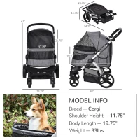 PawHut Pet Stroller Foldable Dog Cat Travel Carriage with Adjustable Handlebar PVC Wheel Brake Storage Bag Mesh Window Safety Leash Aluminum Grey(m-3)