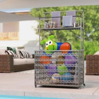 Outsunny Wicker Pool Float Storage Organizer, PE Rattan Pool Float Holder with Basket Shelf Towel Bars, Rolling Pool Caddy for Floaties, Noodles, Life Vests, Beach Balls, Mixed-Gray(m-9)