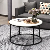 HOMCOM Round Coffee Table Sofa Side Table with a Modern Design, Black Metal Frame and Easy Maintenance, White(m-1)
