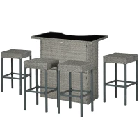 Outsunny 5 Pieces Patio Bar Set, Outdoor PE Rattan Wicker High Top Outdoor Table and Chairs Outdoor Bar Set with Tempered Glass Top Bar Table and Shelves, 4 Bar Chairs, Grey(m-2)