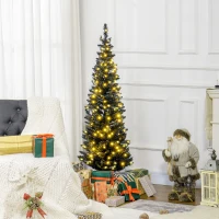 HOMCOM 5ft Pencil Christmas Tree, Slim Artificial Christmas Tree with Realistic Branches and Warm White LED Lights, Black(m-2)