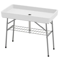 Outsunny 3.4ft Folding Ice Cooler Table with Drain, Fill and Chill Table Outdoor Table Cooler with Storage Shelf, Drink Cooler for Parties Picnic BBQ Camping Wedding, White(m-1)