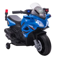 Aosom 6V Kids Motorcycle Police Electric Ride-On Dirt Bike Off-road Street Bike Battery Powered Rechargeable Horn Headlights Training Wheels Realistic Sounds for Girls and Boys 18 - 36 months Blue(m-1)