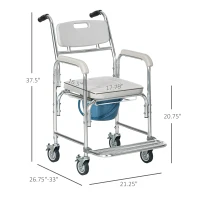 HOMCOM 3-in-1 Shower Commode Wheelchair, FSA/HSA Eligible Transport Beside Commode Chair, Waterproof Rolling Over Toilet Chair 330 lbs. Weight Capacity with Padded Seat, Gray(m-3)