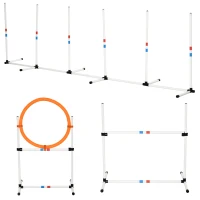 PawHut 3 Piece Dog Agility Training Equipment for Indoor & Outdoor, Dog Agility Equipment Set with High Jump, Jumping Ring, Weave Poles, Storage Bag, Withe, Blue and Orange(m-11)