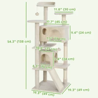 PawHut 54" Cat Tree, Multi-Level Cat Tower with Scratching Posts, Cat Condos, Bed, Platforms, Ramp, Toy Ball, Beige(m-3)