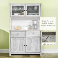 HOMCOM 63.5" Kitchen Buffet with Hutch, Pantry Storage Cabinet with 4 Shelves, Drawers, Framed Glass Doors, Open Microwave Countertop, Ash Grey(m-5)