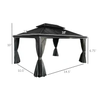 Outsunny 12' x 16' Hardtop Gazebo with Curtains and Netting, Permanent Pavilion Metal Double Roof Gazebo Canopy with Aluminum Frame and Hooks, for Garden, Patio, Backyard, Gray(m-3)