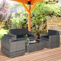 Outsunny 4 Piece Wicker Patio Furniture Set with Cushions, Outdoor Sectional Furniture with 2 Sofa, Loveseat, and Glass Top Coffee Table, Conversation Sofa Sets for Garden, Black(m-2)