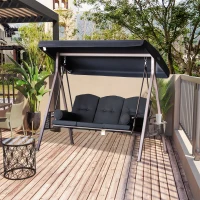 Outsunny 3-Seat Patio Swing Chair, Outdoor Porch Swing Glider with Adjustable Canopy, Removable Cushion, Pillows and Side Trays, for Garden, Poolside, Backyard, Black(m-10)