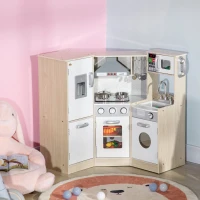 Qaba Wooden Play Kitchen with Lights Sounds, Corner Kids Kitchen Playset with Play Phone, Ice Maker, Microwave, Range Hood, Refrigerator, Utensils, Gift for Ages 3-6 Years Old, White(m-8)