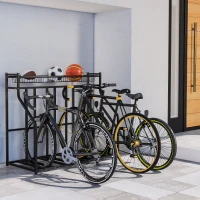 Soozier 4 Bicycle Bike Stand, Metal Floor Bike Storage Rack with Basket, Hooks, Indoor Outdoor Bicycle Stand, Black(m-8)