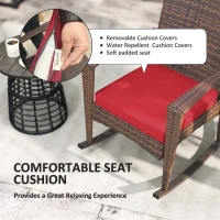 Outsunny Outdoor PE Rattan Rocking Chair, Garden Glider Rocking Chair, Wicker Patio Chair Set with Armrest and Cushion, Wine Red(m-5)