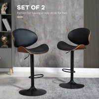 HOMCOM Bar Stools Set of 2, Modern PU Leather Adjustable Swivel Barstools with Curved Back, Footrest and Steel Base, Black(m-4)