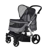 PawHut Pet Stroller Foldable Dog Cat Travel Carriage with Adjustable Handlebar PVC Wheel Brake Storage Bag Mesh Window Safety Leash Aluminum Grey(m-11)