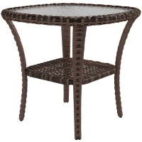 Outsunny Outdoor Coffee Table with Storage Shelf, Hand-Woven Wicker Side Table with Water-Ripple Glass Top, Mix Brown(m-1)