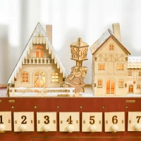 HOMCOM Christmas Advent Calendar, Light Up Table Xmas Wooden Bus Holiday Decoration with Countdown Drawer, Santa Claus Street House, for Kids and Adults(m-8)