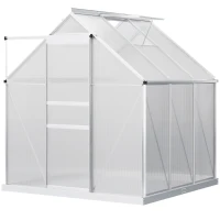 Outsunny 6' x 6' x 6.5' Polycarbonate Greenhouse with Aluminum Frame, Walk-in Heavy Duty Green House with Adjustable Roof Vent, Rain Gutter and Sliding Door for Winter, Silver(m-1)