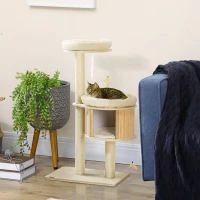 PawHut Cat Tree, 3 Level Cat Tower with Scratching Posts, Bed, Condo, Badminton Toys, for Multiple Kittens(m-10)