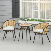 Outsunny 3 Piece Patio Set, Outdoor Bistro Furniture, PE Rattan Wicker Table and Chairs, Cushioned, Barrel Style, Cream White(m-10)