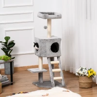 PawHut 47" Tall Cat Tree Tower with Condo, Ladder, Scratching Posts and Hanging Ball, Light Grey(m-7)