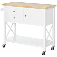 HOMCOM Rolling Kitchen Island Cart, Utility Trolley Cart with Rubberwood Top Storage Cabinet, 2 Drawers, Towel Rack, White(m-11)