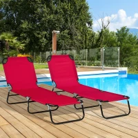 Outsunny Set of 2 Folding Outdoor Lounge Chair, Sun Tanning Chairs with Reclining Back, Breathable Mesh for Beach Patio, Red(m-8)