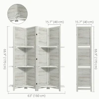 HOMCOM 4-Panel Wall Partition Room Separator with 3 Storage Shelves Foldable Design Wooden Frame 5.6FT Distressed White(m-3)