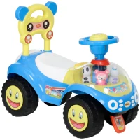 Qaba Foot to Floor Toddler Push Car w/ Horn, Light, Music, Anti-Over-Backwards Device & Underseat Storage, Blue(m-11)