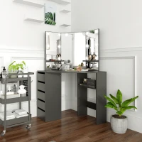 HOMCOM Makeup Vanity Table with 3-Panel Mirror and 10 LED Lights, Dressing Table with 5 Drawers and Shelves for Bedroom, Black(m-8)