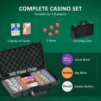 Soozier 300PCs 14 Gram Clay Poker Chips Set Casino Poker Chips with Aluminum Case, Playing Cards, Dealer Button, 5 Dices(m-4)