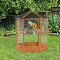 PawHut 69" Wooden Hexagonal Outdoor Aviary Flight Bird Cage With Covered Roof, Brown(m-2)