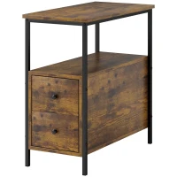 HOMCOM Side Table with 2 Drawers and Storage Shelf, Narrow End Table Nightstand with Metal Frame for Small Spaces, Rustic Brown(m-11)