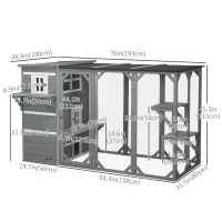 PawHut Wooden Cat Catio, 76"L Walk in Outdoor Cat House with Asphalt Roof, Platforms, Lockable Doors, 3-tier Resting Condo, Observation Window, for 2-3 Cats, Light Grey(m-3)