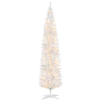 HOMCOM 8ft Pencil Christmas Tree, Slim Artificial Christmas Tree with Realistic Branches and Warm White LED Lights, White(m-1)