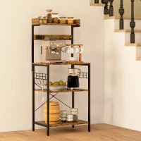 HOMCOM Kitchen Baker's Rack with Power Outlet, Coffee Bar Station with Adjustable Shelves and Hooks, Rustic Brown(m-8)