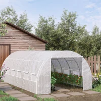 Outsunny 20' x 10' x 6' Outdoor Walk-in Greenhouse, Steel Frame Tunnel Greenhouse, Hot Green House with 12 Roll-Up Windows and Door for Garden and Vegetables, White(m-2)
