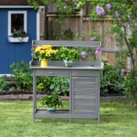 Outsunny Outdoor Potting Bench Table, Garden Work Station with Storage Cabinet, Open Shelf and Steel Tabletop, Gray(m-10)