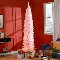 HOMCOM 8ft Pencil Christmas Tree, Slim Artificial Christmas Tree with Realistic Branches and Warm White LED Lights, Pink(m-10)