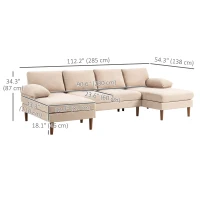 HOMCOM U Shape Couch with Double Chaise Lounge, Modern 4 Seater Sofa with Wooden Legs, Fabric Sofa for Living Room, Beige(m-3)