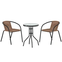 Outsunny 3 Pieces Outdoor Wicker Furniture Set with 2 Stackable Chairs, Tempered Glass Coffee Table for Garden, Backyard, Brown(m-11)