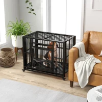 PawHut 37" Heavy Duty Dog Crate, Foldable Dog Cage on Wheels with Double Locks, Removable Tray, Openable Top, Double Doors, Indoor Outdoor Use, for Small and Medium Dogs - Black(m-1)