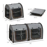 PawHut 39" Portable Soft-Sided Cat Carrier, Cat Kennel, Travel Dog Crate with Divider, Two Compartments, Soft Cushions & Storage Bag, Easy to Fold, Light Gray(m-3)